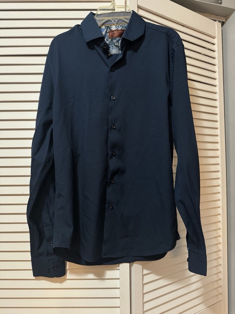 Consequence Long Sleeve Button Up Navy Dress Shirt Mens Size Small