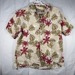 Pussers Island Style Mens 100% Linen Tropical Floral Button Up Shirt Tan Red M