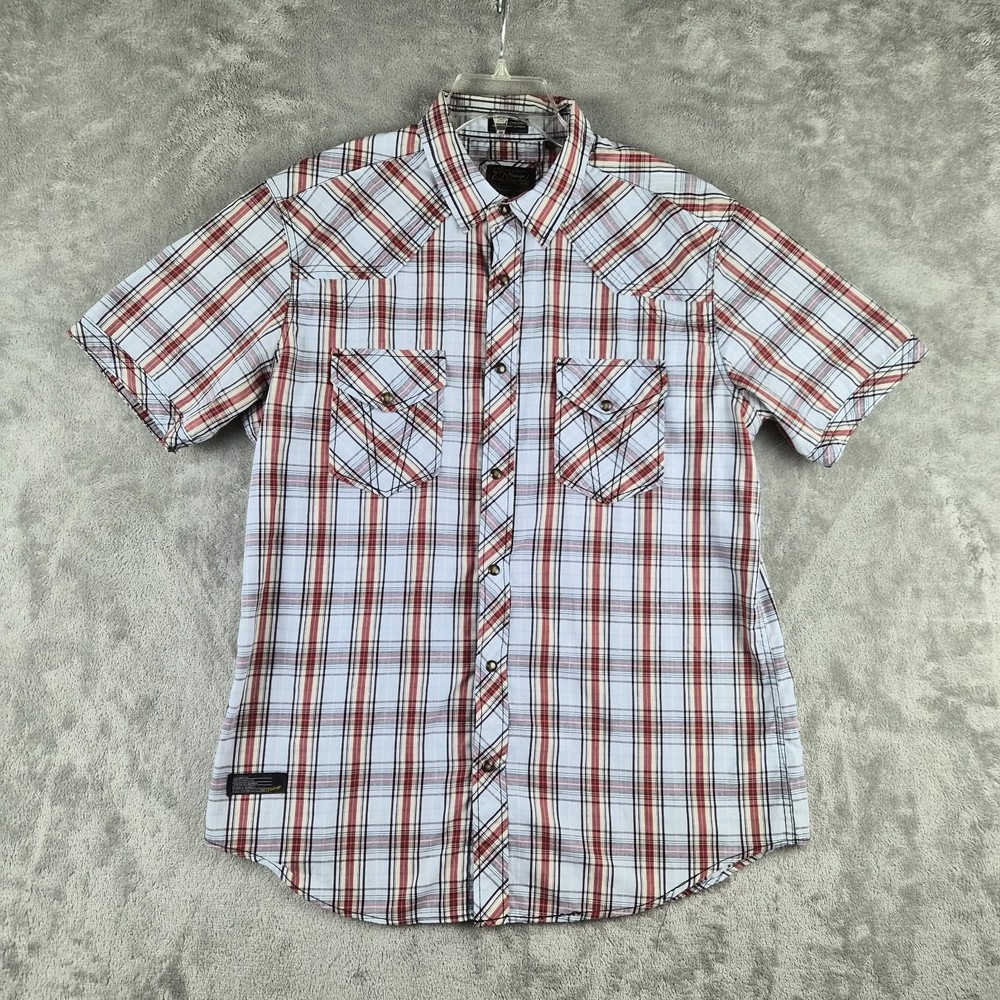 7 Diamonds Vintage Plaid Western Afterglow Shirt Mens Large Red White Pearl Snap
