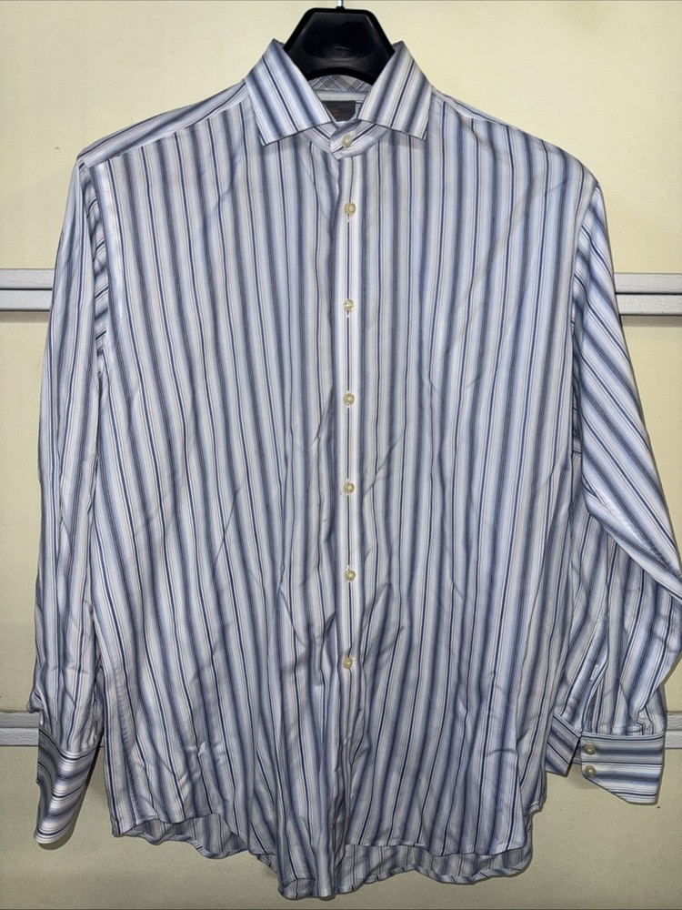 Thomas Dean Striped Long Sleeve Button Up Shirt 100% Cotton Mens Size Large