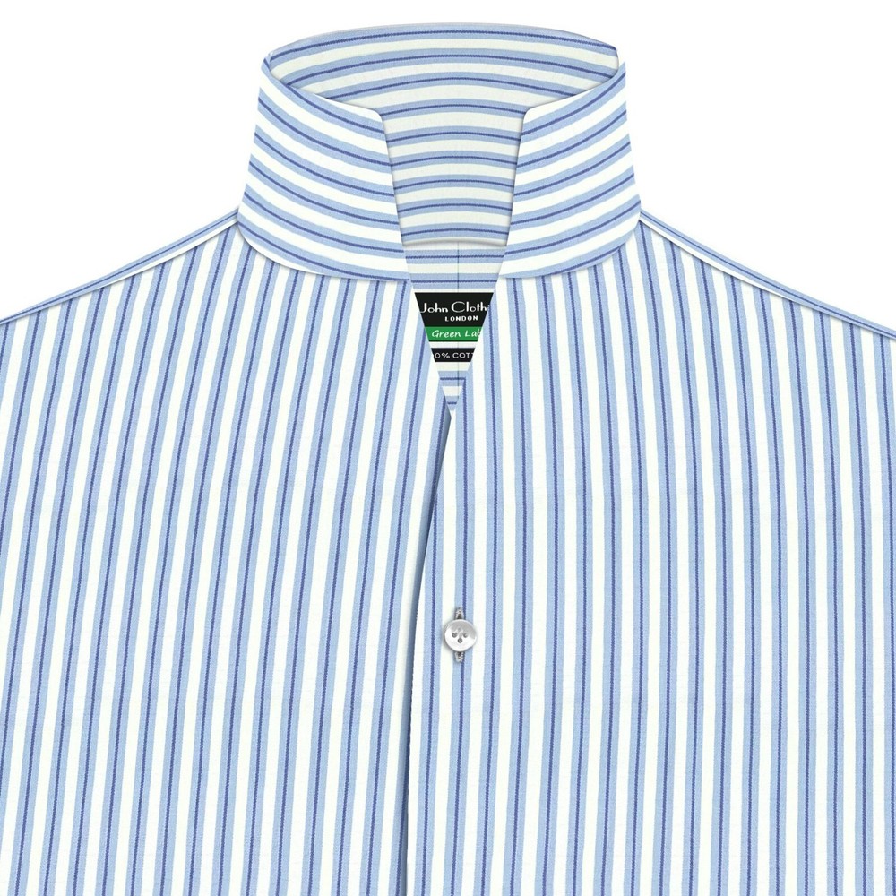 High Open Buttonless V Collar Men’s 100% Cotton Blue White Stripes Preppy Style