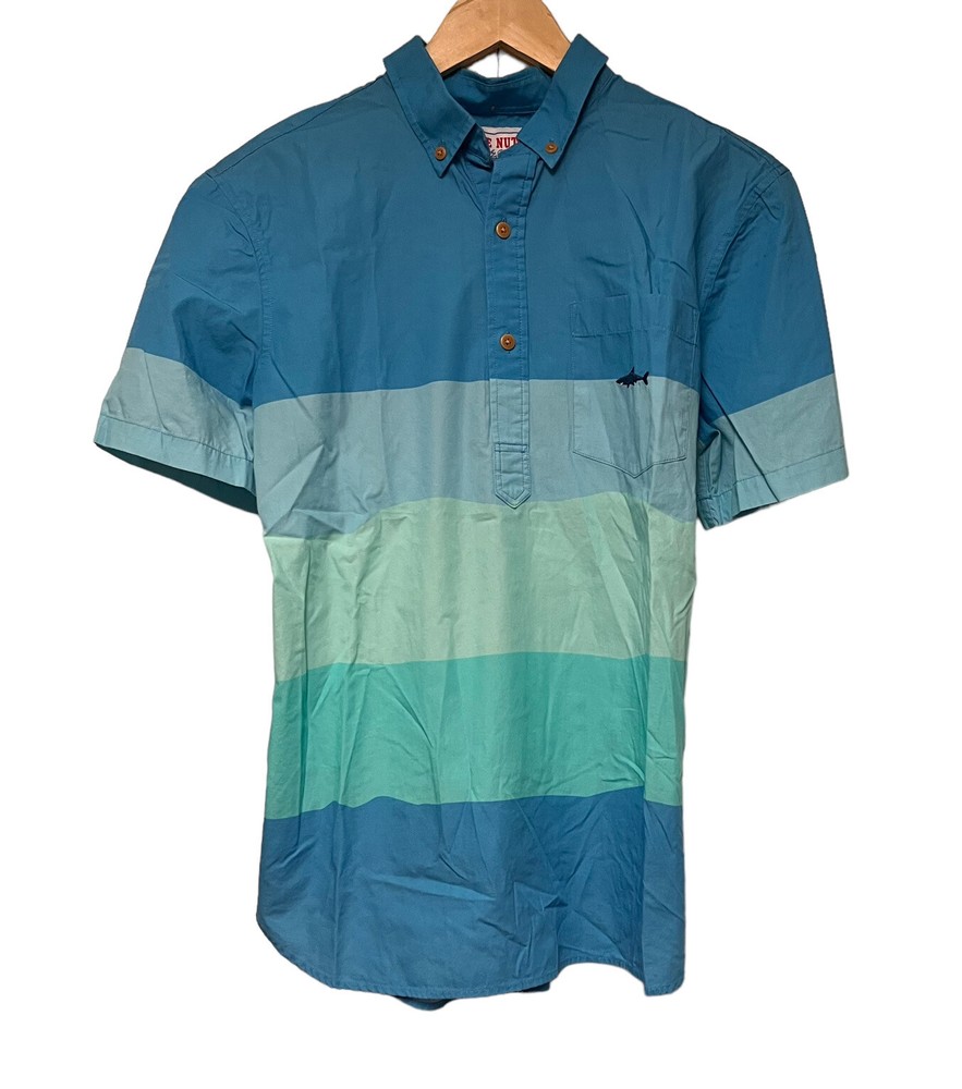Chubbies The Nutter Men’s Button Down Shirt Blue/Green Striped Shark Logo S guc