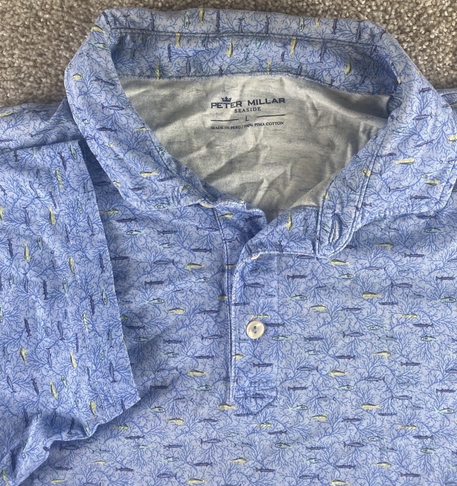 Peter Millar Seaside Soft Touch Pima Cotton Polo All Over Fish Print Mens L Golf