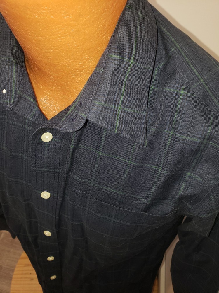 (Small) Mens Eddie Bauer Dress Shirt Blue Green Plaid Wrinkle Resistant