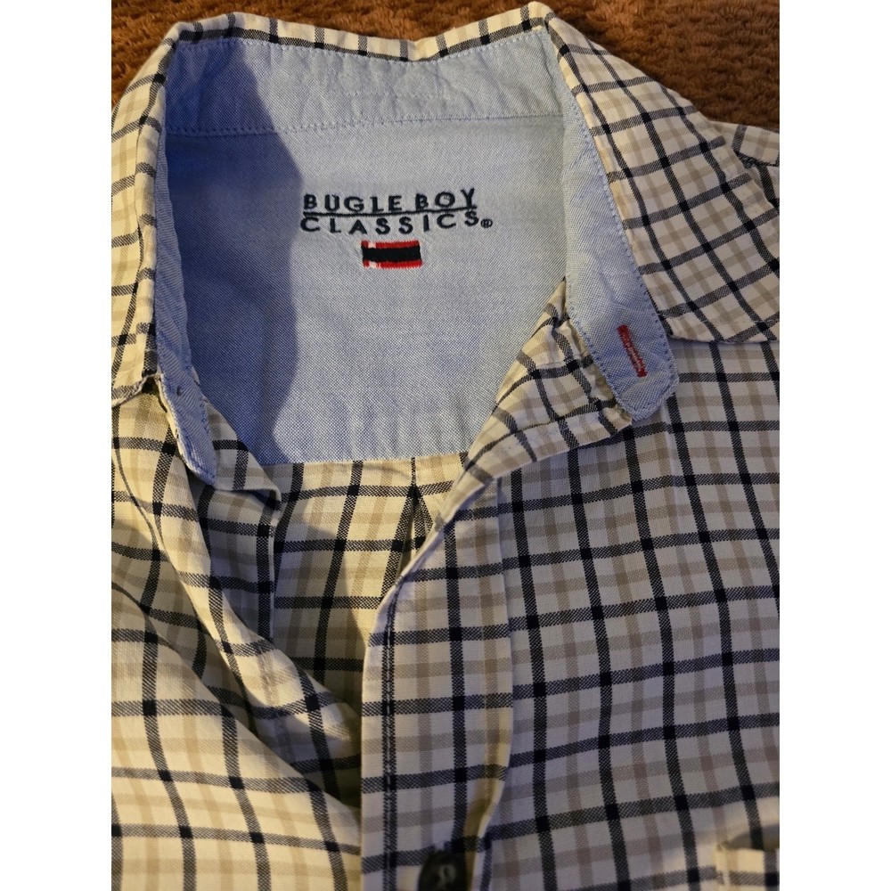 Bugle Boy Classics Plaid Button Down Shirt Mens L Cream Navy Blue Vintage 90s