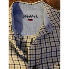 Bugle Boy Classics Plaid Button Down Shirt Mens L Cream Navy Blue Vintage 90s
