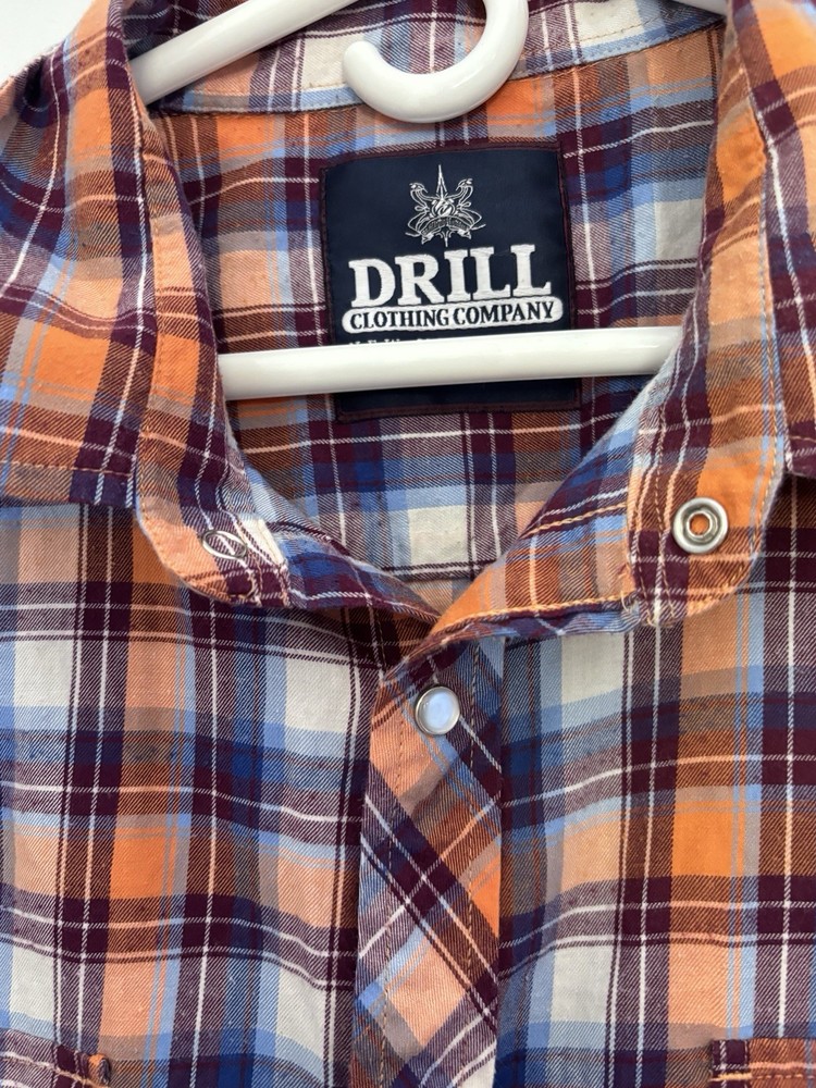Drill Clothing Co Men’s Plaid Button-Up Shirt Pearl Snaps Orange Blue 2XL