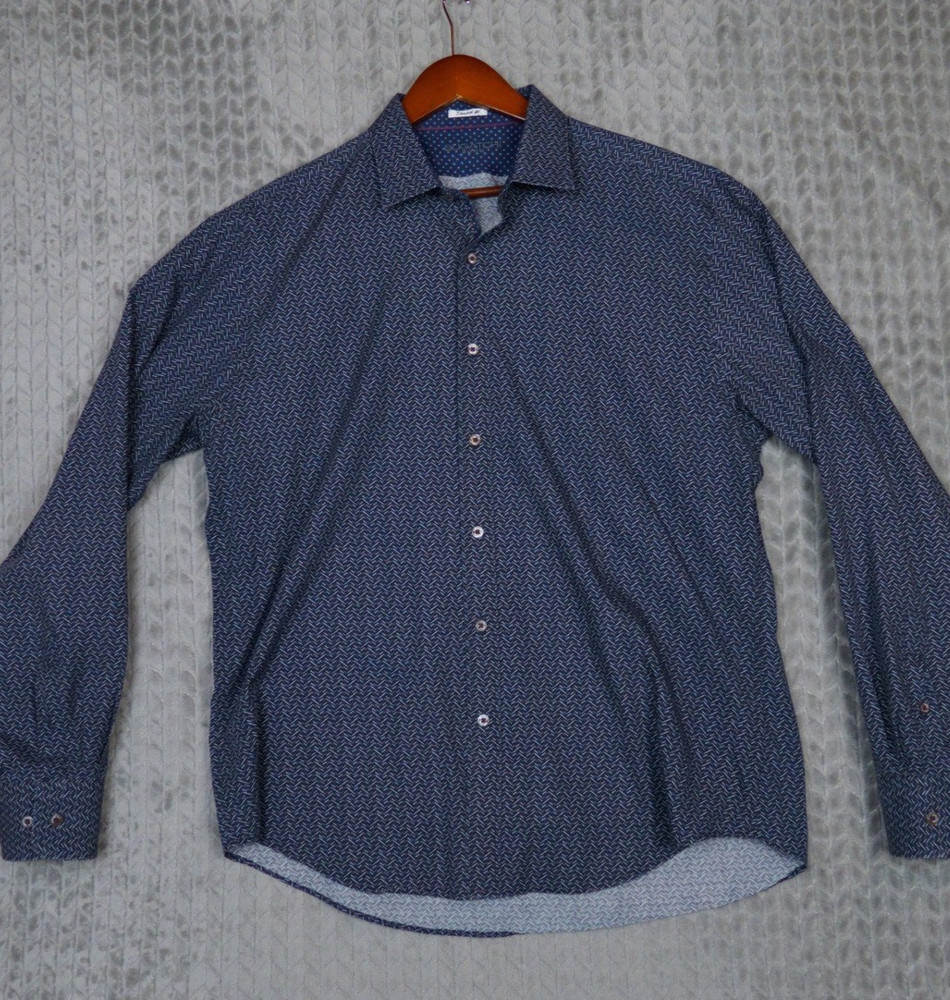 Bugatchi Uomo Button Down Mens XL Navy Blue Geometric Shaped Fit Long Slv Cotton