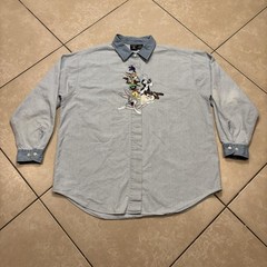 Vintage Looney Tunes Shirt XL Blue Striped Denim Embroidered 90s Taz Bugs Tweety