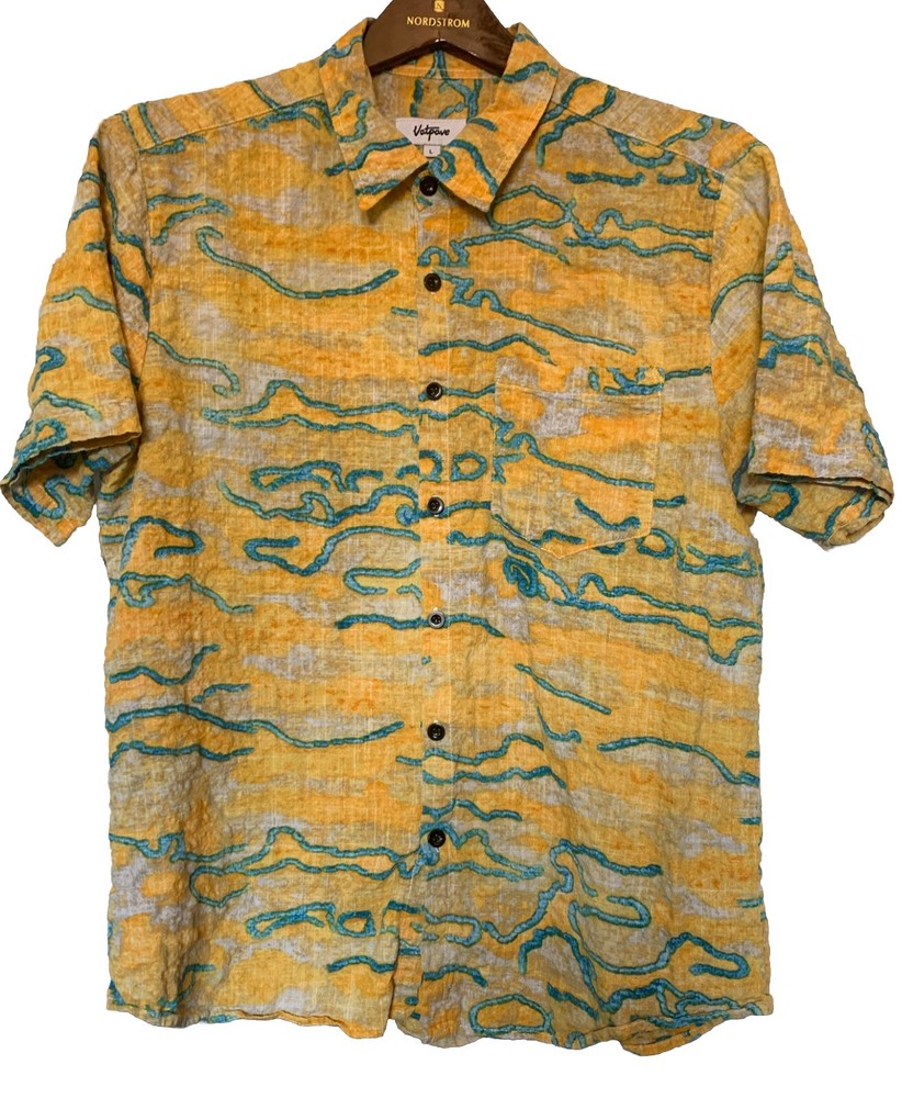 Vatpave Large Reverse Print Button Up Shirt Yellow Textured Short Sleeve Pocket