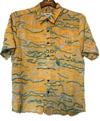 Vatpave Large Reverse Print Button Up Shirt Yellow Textured Short Sleeve Pocket