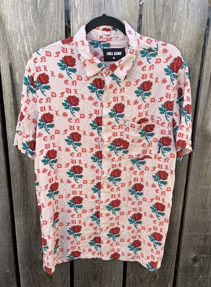 Men’s Full Send Button-Down Shirt Multicolor Roses Spell-Out XL Street Art City