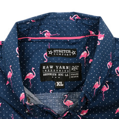 Raw Yarn Industries Short Sleeve Button Up Flamingo Dots Print Navy [Size XL]