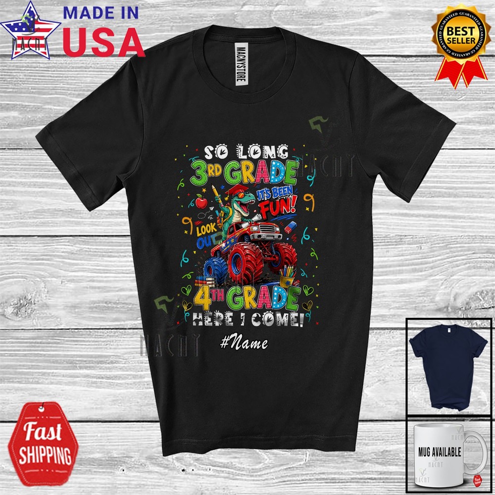 Custom Name 4th Grade Here I Come; Back To School T-Rex Boys Dinosaur T-Shirt