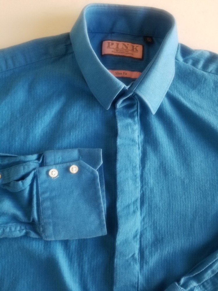 Men’s Thomas Pink Herringbone Blue Slim Fit Dress Shirt – Size 15 1/2