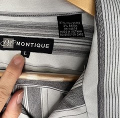 Men’s Large Casual Button Down Short Sleeve Shirt Montique Striped Gray Black
