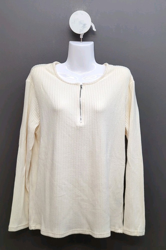 DAZY Solid Color Front Zipper Long Sleeve Casual Men’s T Shirt Small Ivory
