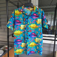 Ataly Sports Hawaiian Shirt Mens L, Colorful Fish Motif Vintage 90’s 100% Cotton