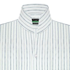 High Open Collar Buttonless Blue White Linen Stripes Men Preppy 100%Cotton Shirt