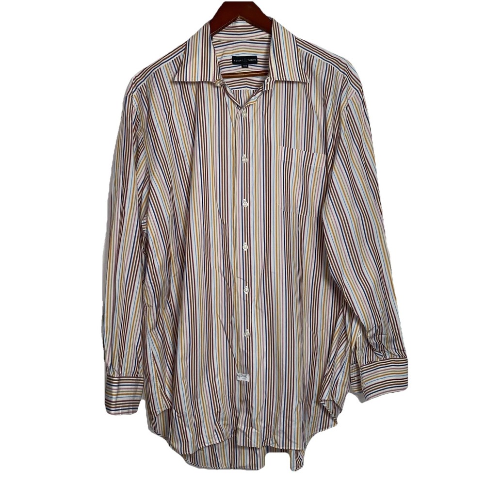 Robert Talbott Striped Button Front Dress Shirt Size 18-36 Warm Brown Tones