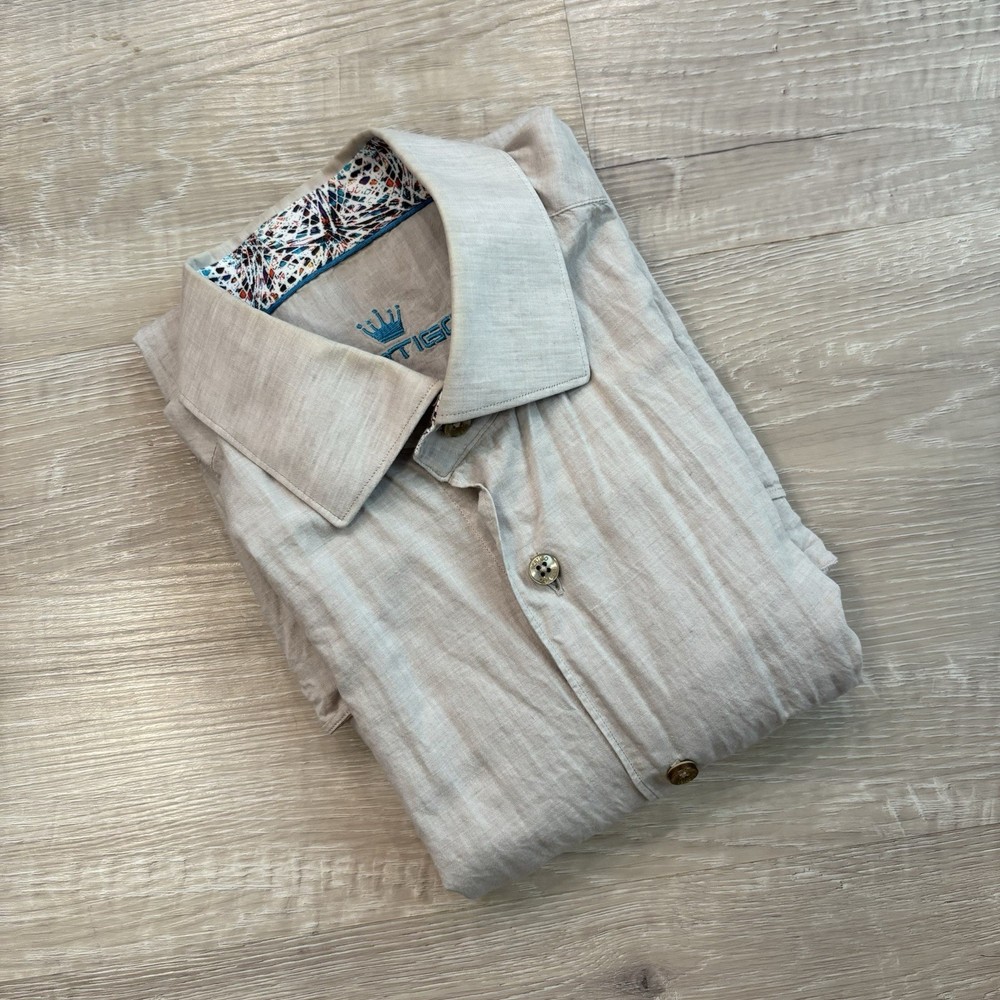 Bertigo Button Down Shirt Men’s Medium Beige Short Sleeve Modern Fit Minimalist
