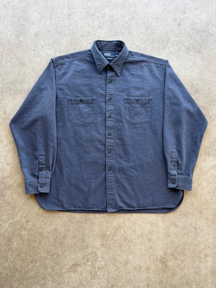 Vintage Polo Ralph Lauren HBT Herringbone Twill Button up Shirt Blue XL 27×30.5