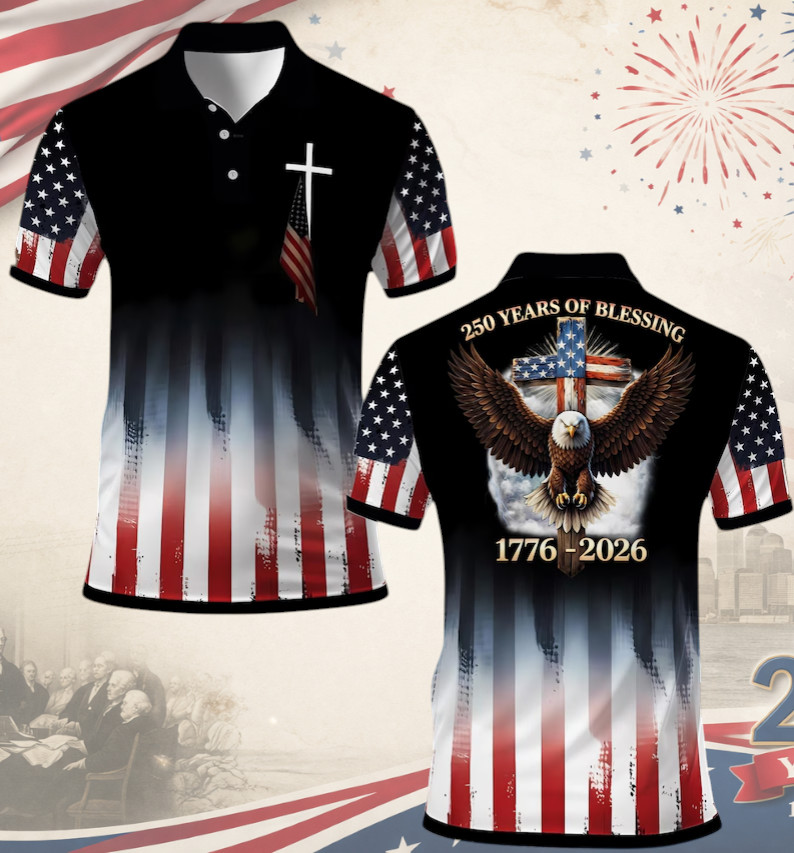 Patriotic Christian Eagle Polo Shirt, 250 Years of Blessing, USA 250th Anniversa