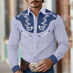Men’s Western Cowboy Shirt Long Sleeve Retro Printing Casual Buttons Down Shirt