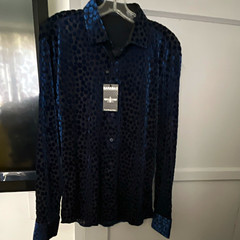 Barabas Blue Black Polka Dot Velvet Button-Up Shirt M Long Sleeve Point Collar