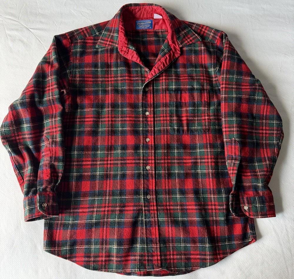 Pendleton Woolen Mills Men’s Large Red Green Wool Plaid Shirt Made In USA