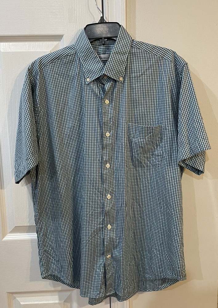 Peter Millar Men’s Short Sleeve Button Down Sz L Silk Cotten Blend Blue Checkers