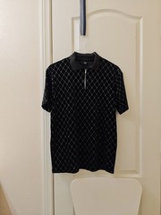 Men’s Black Rhinestone Diamond Pattern Zip Polo Shirt Short Sleeve size M