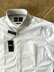 Hugo Boss Max Sharp Fit Performance Dress Shirt 16 34/35 Blue Geo $149 NWT