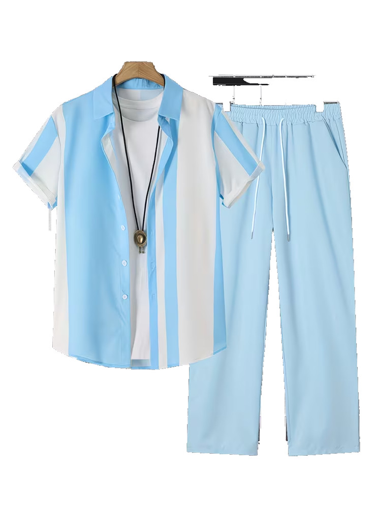 2pcs Men’s Summer Short Sleeve Button-Up Shirt and Pants Set – Light Blue & Whit