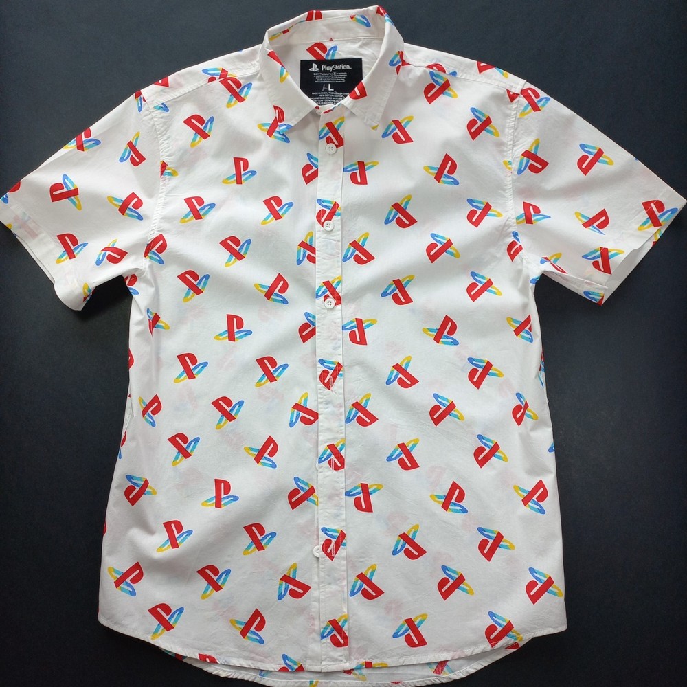 Sony PlayStation Button Up Shirt Logo All Over Print Woven White Men Size Large