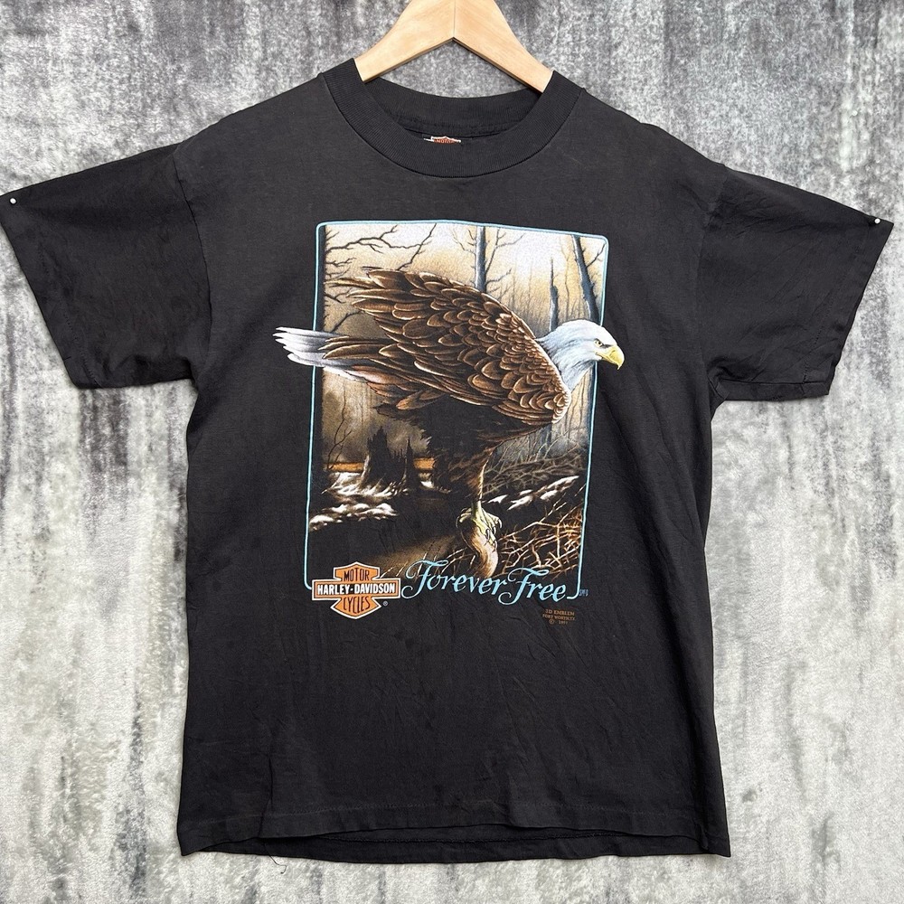 Vintage 1991 3D Emblem Harley Davidson Forever Free T Shirt Sz M Eagle Fade