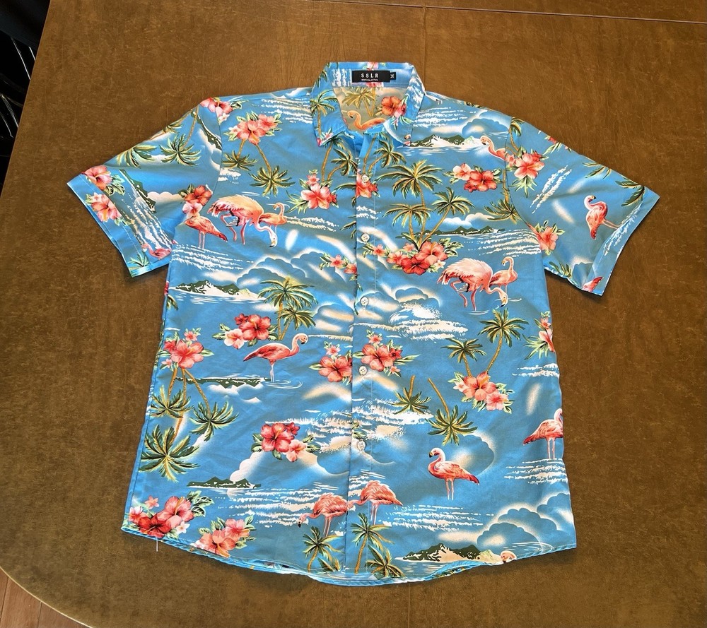 SSLR Men’s Collection Medium Palm Trees $ Flamingos Hawaiian Shirt