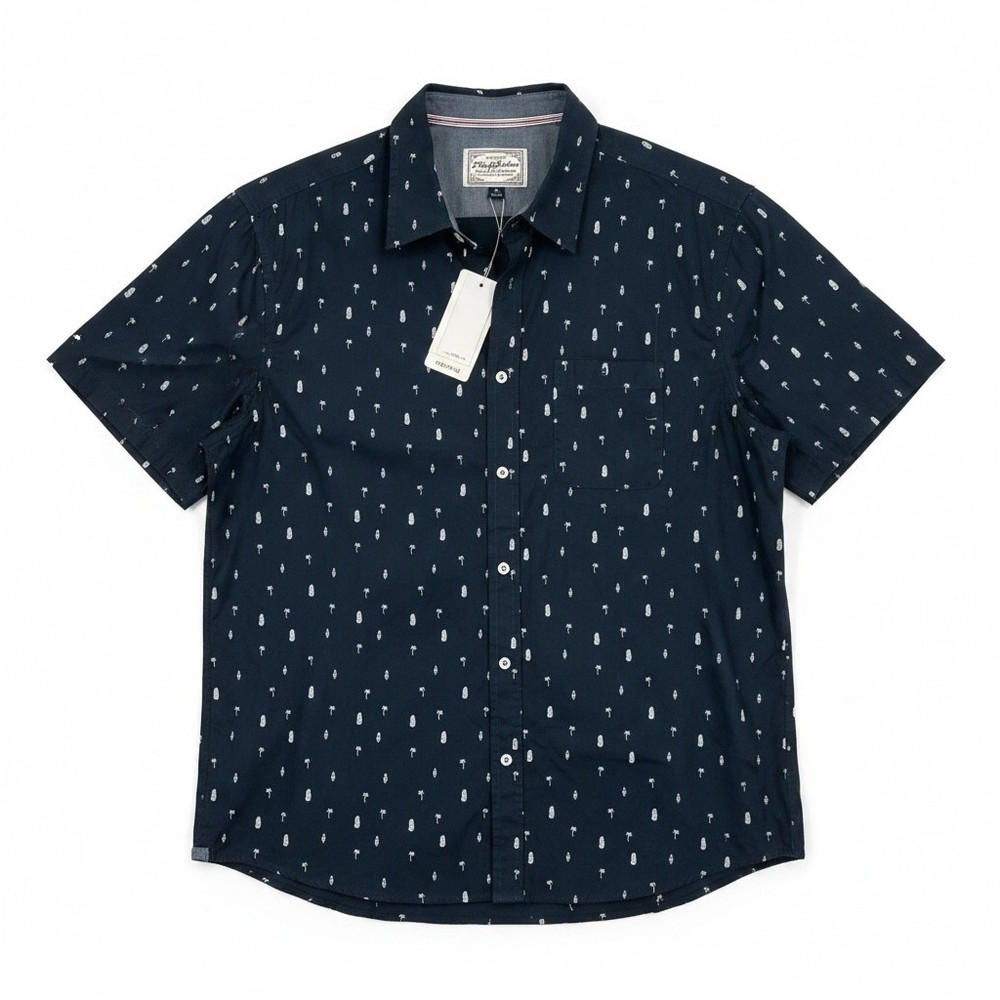 Flag Anthem Short Sleeve Button Down Shirt Navy Palm Surfboard XL