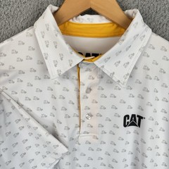 Cat Caterpillar Tractors Polo Shirt Mens Medium White All Over Print Bulldozer