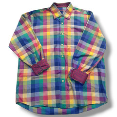 Alan Flusser Rainbow Plaid Button Down Shirt-Large-Paisley Flip Cuffs-Pocket