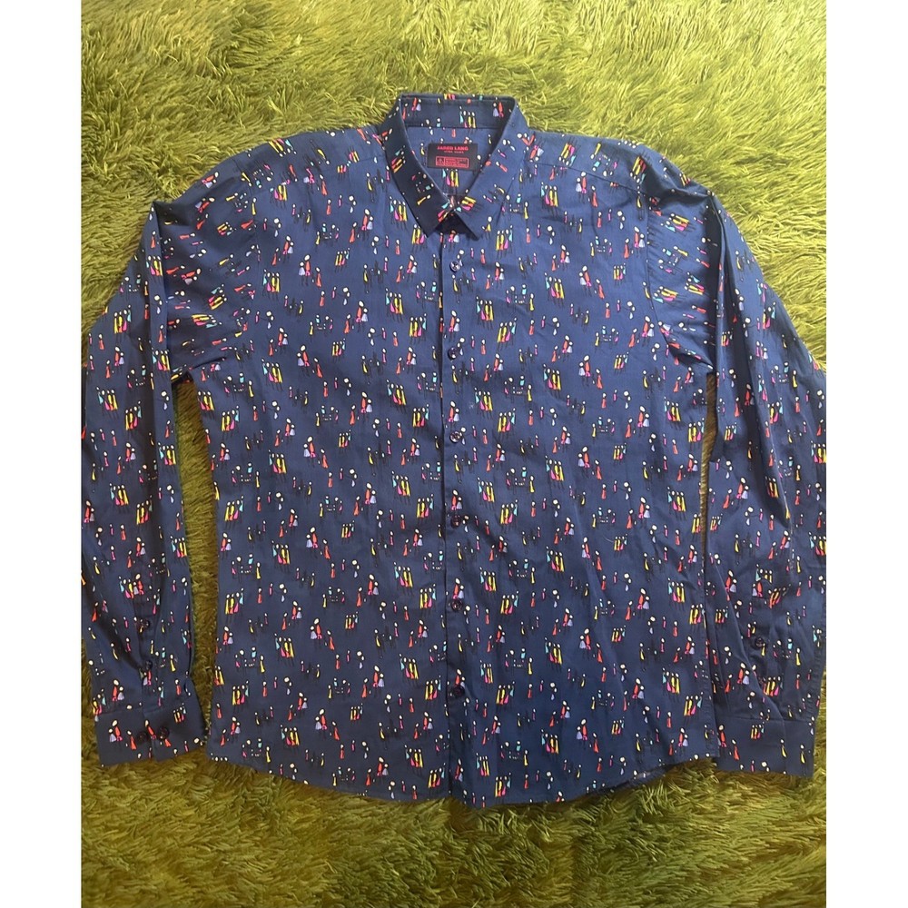Jared Lang Button Down Men L Navy Blue AfterHours Slim Fit Abstract People Print
