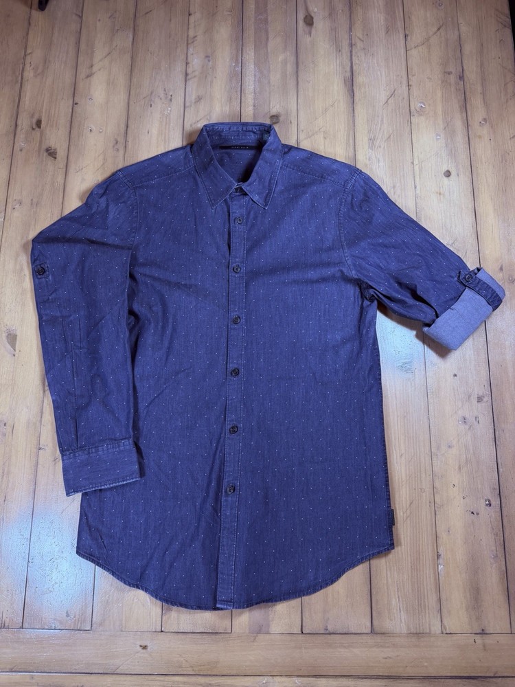Perry Ellis Men’s Medium Button Down Shirt Blue Denim Micro Dot Long Sleeve