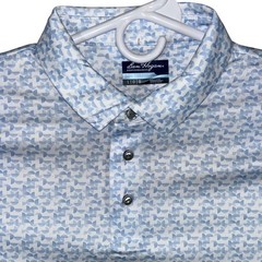 Ben Hogan Performance Mens L Polo Shirt Blue White Geometric Print UPF 50 NEW