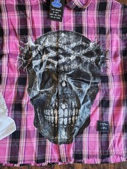 Streetwear Flannel Shirt Rhinestone Skull Long Sleeve Plaid Button Up Pink S
