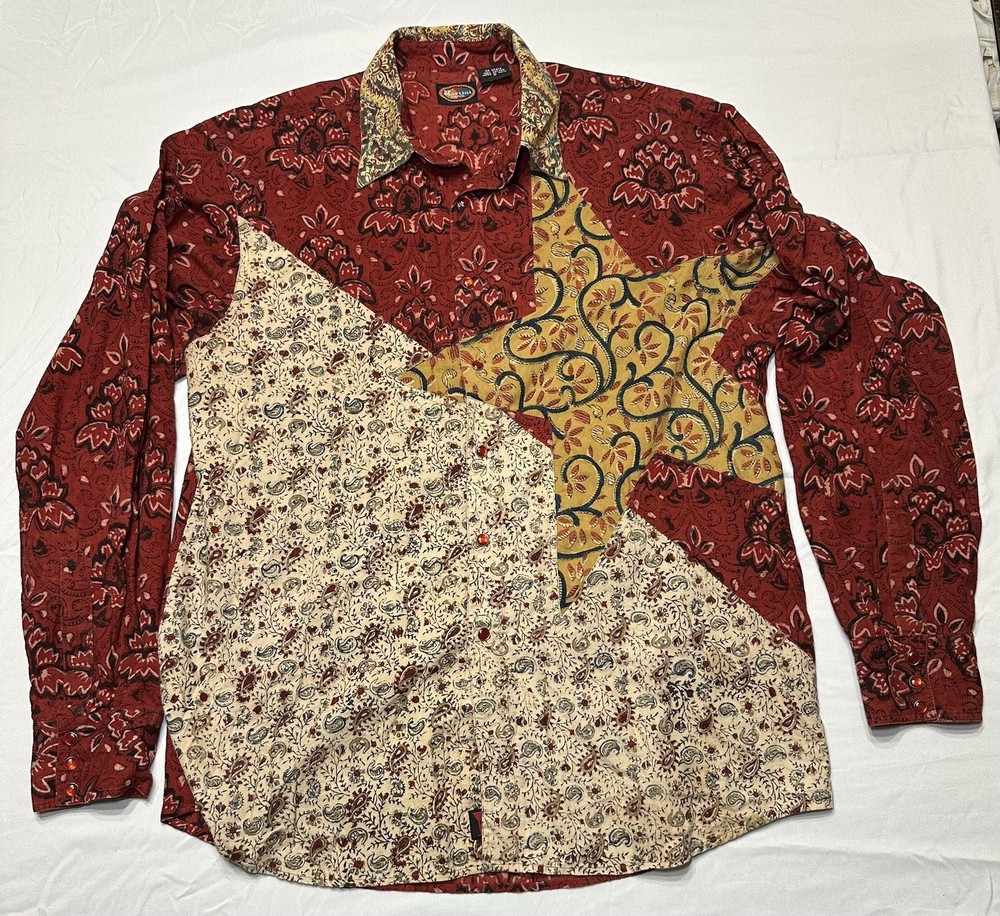 Martini Ranch Western Patchwork Star Shirt Mens Large L Paisley Calico Cowboy