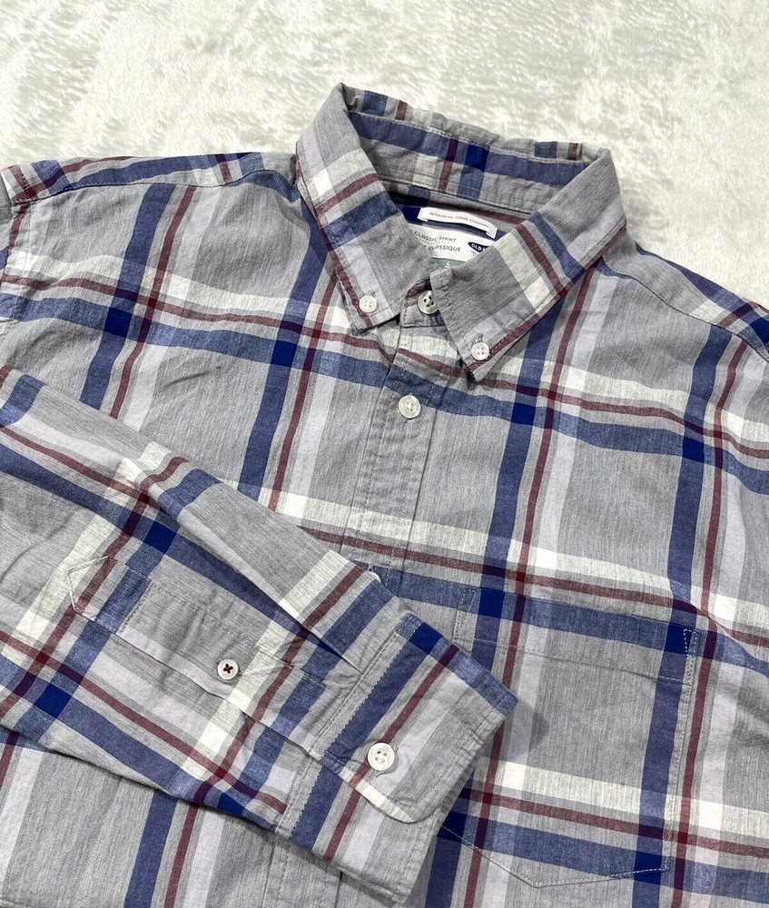 Old Navy Men Shirt Large Button Down Gray Blue Plaid Long Sleeves Casual Outdoor
