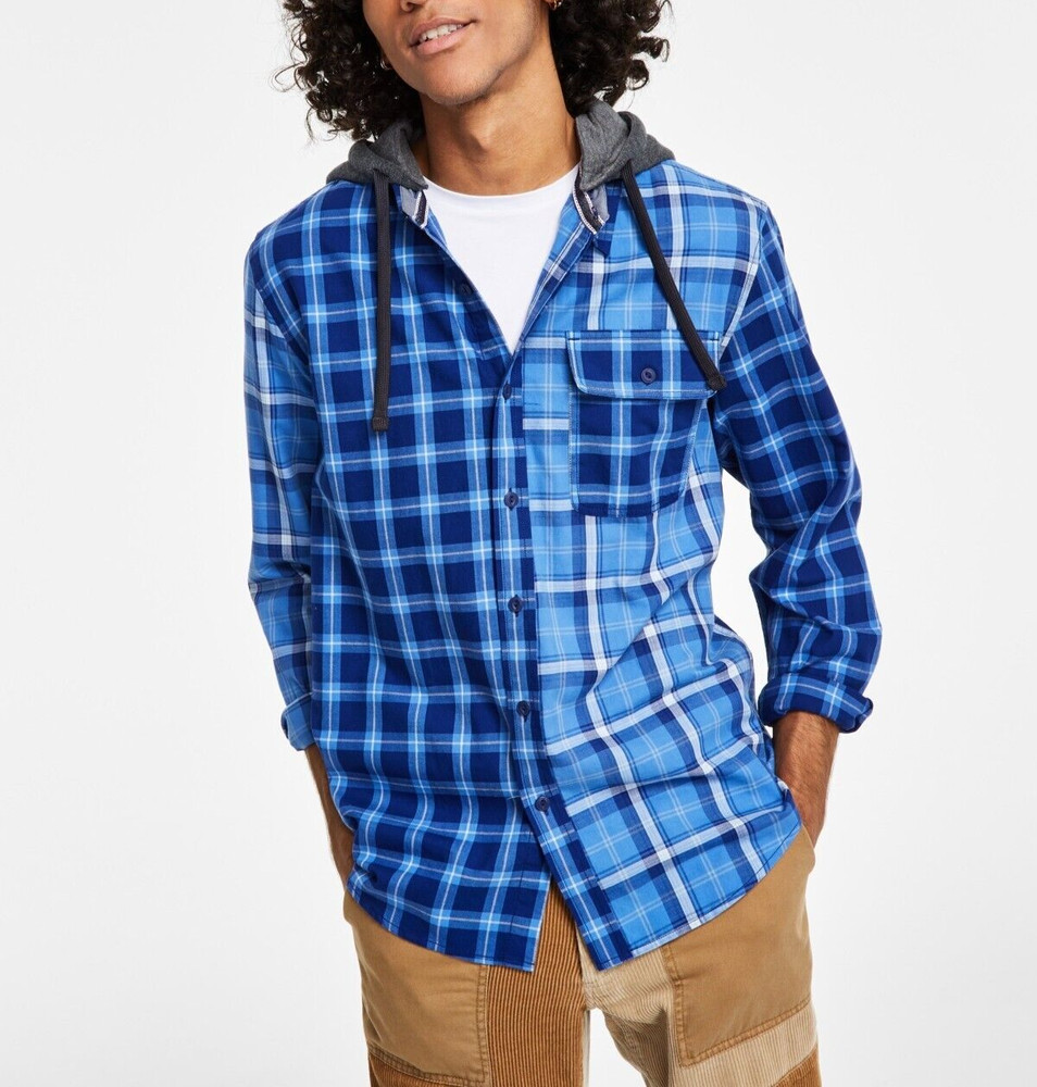 Sun + Stone Men’s Snyder Patchwork Plaid Hooded Shirt Blue Combo Size M