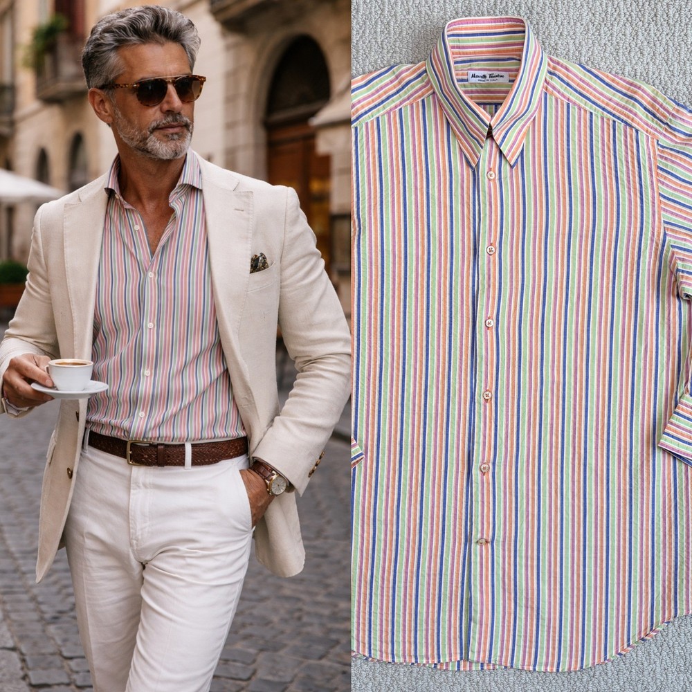 Marcello Tarantino Mens Striped Button Up Shirt Made in Italy Multi Color 41/16