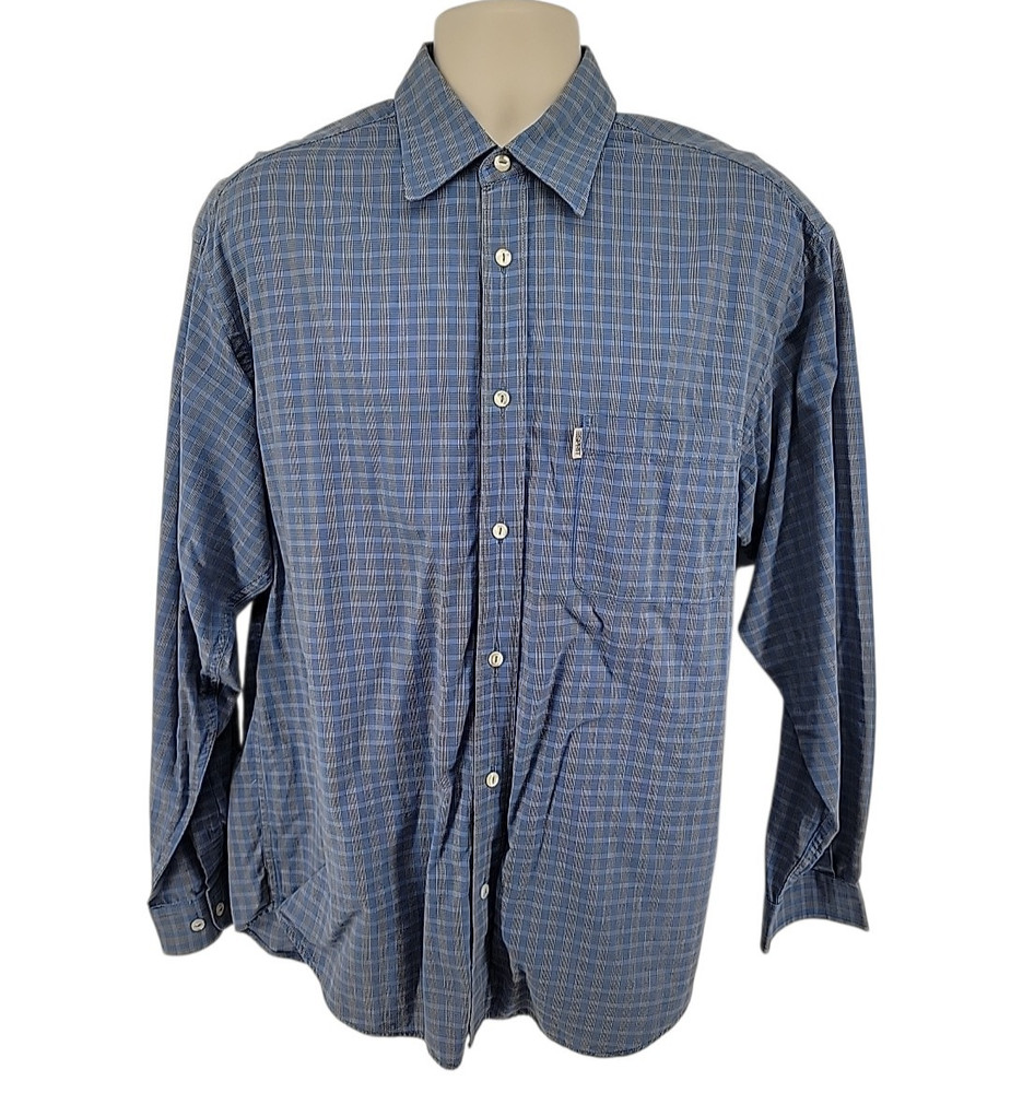 Vintage Esprit Men’s Plaid Button Down Shirt Long Sleeve Blue Gray Casual Size L
