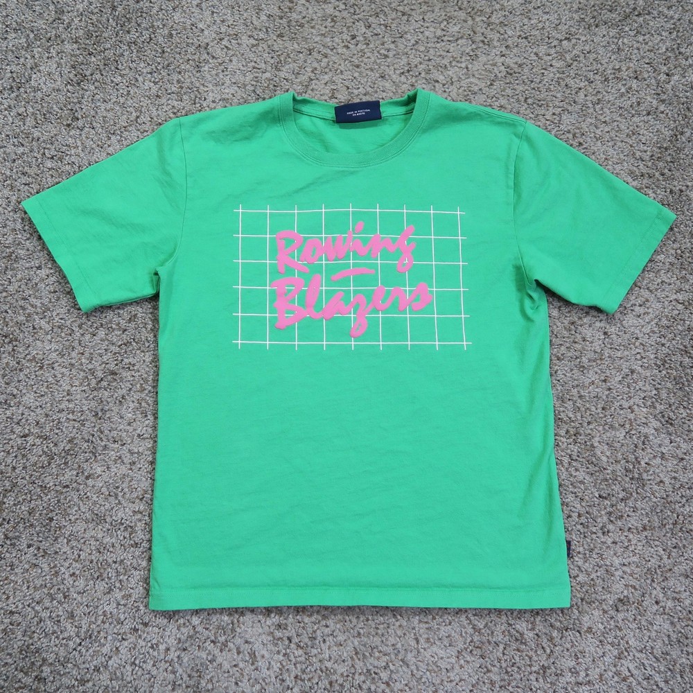 Rowing Blazers Shirt Mens Small Green Grid Retro 80s Logo Graphic Tee Streetwear